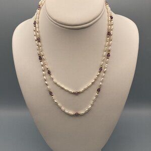 Long Single Strand Freshwater Pearl Necklace  White Barrel w/Gold & Purple Beads
